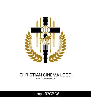 Cinema cristiana logo. Simboli di film e video per il ministero, conferenza, camp, festival, evento. Illustrazione Vettoriale