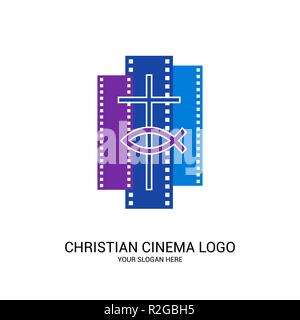 Cinema cristiana logo. Simboli di film e video per il ministero, conferenza, camp, festival, evento. Illustrazione Vettoriale