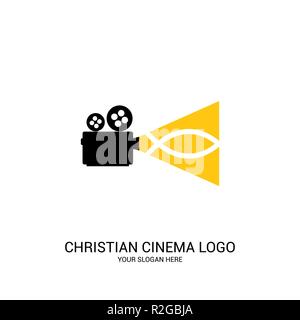 Cinema cristiana logo. Simboli di film e video per il ministero, conferenza, camp, festival, evento. Illustrazione Vettoriale