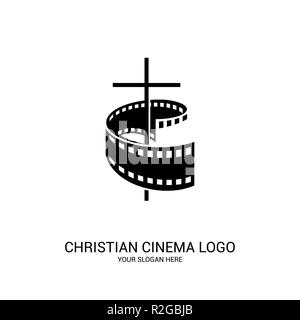 Cinema cristiana logo. Simboli di film e video per il ministero, conferenza, camp, festival, evento. Illustrazione Vettoriale