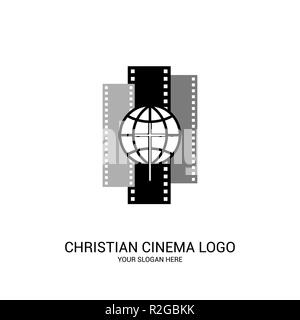 Cinema cristiana logo. Simboli di film e video per il ministero, conferenza, camp, festival, evento. Illustrazione Vettoriale