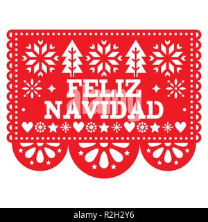 Feliz Navidad Papel Picado disegno vettoriale, messicano Xmas greeting card, rosso e bianco ghirlanda di carta decoro rosso festoso party banner ispirare Illustrazione Vettoriale