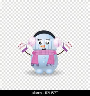 Cartoon carino carattere snowgirl in rosa cuffie antirumore, foulard, guanti con mani in alto isolato su sfondo trasparente. Illustrazione Vettoriale, icona, clip ar Illustrazione Vettoriale