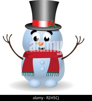 Cartoon carino carattere di pupazzo di neve nel cappello rosso e sciarpa lavorata a maglia con le mani in alto su sfondo bianco. Illustrazione Vettoriale, icona, segno, simbolo templat Illustrazione Vettoriale