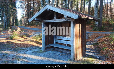 Autunnale di umore in una passeggiata nella foresta con un banco di rustico ho un po' di aprire lodge in una giornata di sole Foto Stock