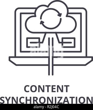 Sincronizzazione dei contenuti icona linea concept. La sincronizzazione del contenuto vettore illustrazione lineare, simbolo segno Illustrazione Vettoriale