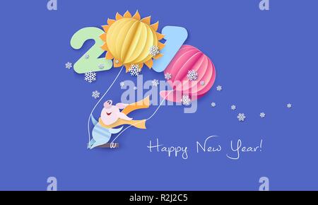 Carta a colori cut design e artigianato Winter card con maiale felice oscillante con palloncini d'aria sagomata come cifre. Holiday Nuovo anno 2019 anno e Natale design. Illustrazione Vettoriale Illustrazione Vettoriale