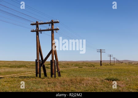 Linea aerea su supporti in legno nella steppa Mongola Foto Stock