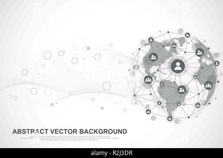 Connessione a Internet sfondo, senso astratto della scienza e della tecnologia del graphic design. Global network connection Illustrazione Vettoriale