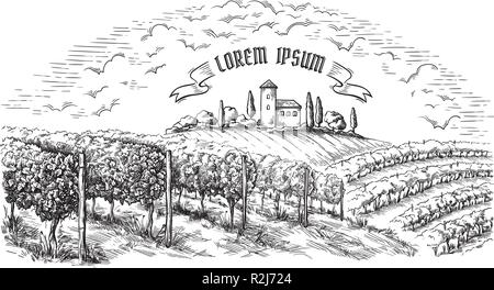 Vite plantation colline, alberi, nubi e antico castello all'orizzonte illustrazione vettoriale Illustrazione Vettoriale