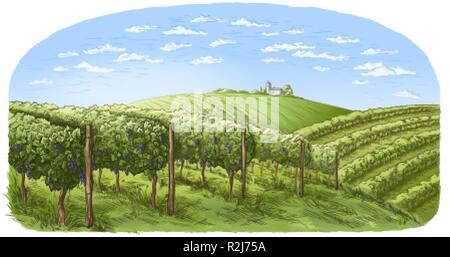 Colorfull vine plantation colline, alberi, nubi e antico castello all'orizzonte illustrazione vettoriale Illustrazione Vettoriale