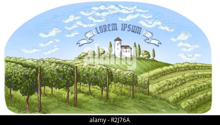 Colorfull vine plantation colline, alberi, nubi e antico castello all'orizzonte illustrazione vettoriale Illustrazione Vettoriale