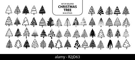 Impostare isolate di albero di Natale in 55 stili. Carino disegnato a mano decorazione per vacanza. Illustrazione Vettoriale nel contorno nero e silhouette sul retro bianco Illustrazione Vettoriale