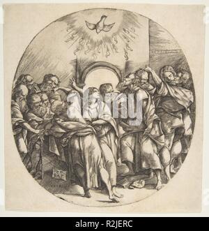 Lo Spirito Santo come un uccello scendendo con ali spiegate nella parte centrale superiore; i dodici Apostoli in piedi al di sotto di gesti di davanti di un arco. Artista: Domenico Campagnola (italiano, Venezia (?) 1500-1564 Padova); eventualmente dopo un design by Titian (Tiziano Vecellio) (italiano, Pieve di Cadore ca. 1485/90?-1576 Venezia). Dimensioni: Piastra: 7 3/8 x 6 7/8 in. (18,7 x 17,5 cm) foglio: 7 5/8 × 7 11/16 in. (19,4 × 19,5 cm). Data: 1518. Museo: Metropolitan Museum of Art di New York, Stati Uniti d'America. Foto Stock