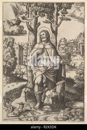 Saint Roch. Artista: Master della matrice (italiano, attivo Roma, ca. 1530-60). Dimensioni: foglio: 8 1/4 x 5 11/16 in. (21 x 14,5 cm) piastra: 8 1/16 x 5 1/2 in. (20,5 x 14 cm). Museo: Metropolitan Museum of Art di New York, Stati Uniti d'America. Autore: Master della matrice. Master dello stampo dopo il seguace di Raffaello. Foto Stock