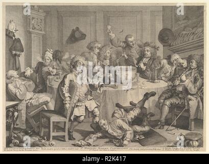 A mezzanotte conversazione moderna. Artista: William Hogarth (British, Londra Londra 1697-1764). Dimensioni: foglio: 13 7/16 x 18 7/16 in. (34,2 x 46,8 cm). Data: Marzo 1732. Museo: Metropolitan Museum of Art di New York, Stati Uniti d'America. Foto Stock