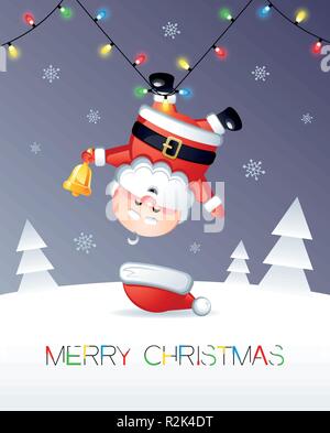 Auguri di Buon Natale. Biglietto di auguri divertente con Babbo Natale appeso a testa in giù. Illustrazione Vettoriale. Illustrazione Vettoriale