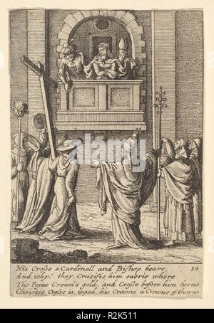 Ecce Homo. Artista: Dopo Hans Holbein il Giovane (tedesco, Augsburg 1497/98-1543 Londra). Dimensioni: foglio: 3 7/16 x 2 3/8 in. (8,7 × 6 cm). Incisore: Wenceslaus Hollar (boemo, Praga 1607-1677 Londra). Serie/Portfolio: satirico di passione. Data: 1625-77. La piastra 10. Ecce Homo; Cristo indossa una corona di spine e sta con le mani legate su un balcone. Egli è affiancato da un vescovo e un'altra figura e guardato dal di sotto dei monaci, un papa, tenendo una croce in oro e un cardinale, tenendo una croce di legno; dopo un seguace di Hans Holbein. Museo: Metropolitan Museum of Art di New York, Stati Uniti d'America. Foto Stock