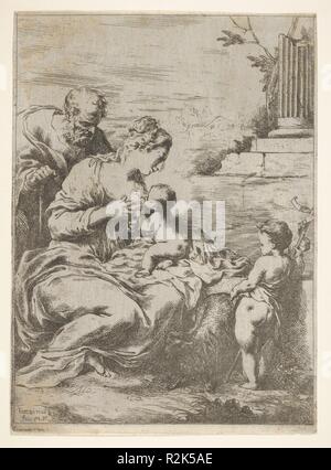 La Santa Famiglia con il bambino di San Giovanni Battista a destra. Artista: Bartolomeo Biscaino (Italiano, 1629-1657 Genova Genova). Dimensioni: foglio: 10 1/16 x 7 5/16 in. (25,6 x 18,6 cm). Editore: Daman (attivo 1640-60). Data: 1650-57. Museo: Metropolitan Museum of Art di New York, Stati Uniti d'America. Foto Stock