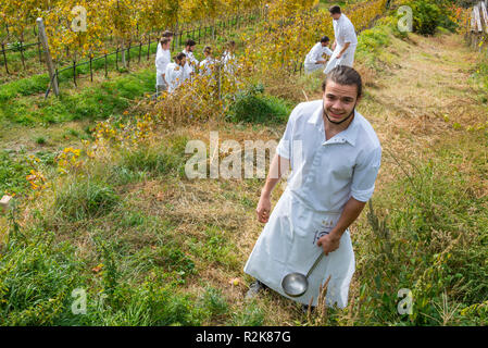 L'Italia, il Sud Tirolo, Alto Adige, Meraner Land Tirolo, Hotel Castel, ristorante gourmet Trenkerstube, due-star chef Gerhard Wieser con i suoi cuochi Foto Stock