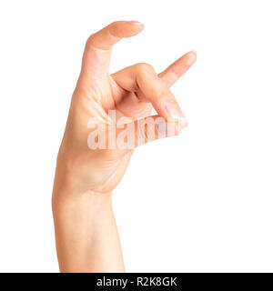 Mano femminile che mostra il rock'n'roll segno o dando il diavolo corna gesto Foto Stock