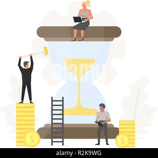 Tempo di business management illustrazione. Le persone a risparmiare e investire vait. Grande clessidra con piccoli imprenditori intorno ad esso. Concetto di successo, campione, vittoria, clessidra Illustrazione Vettoriale