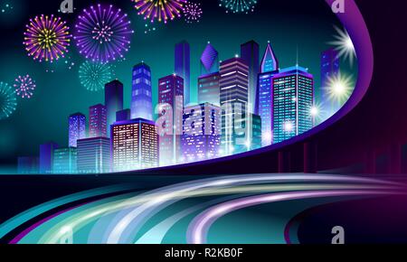 Highway road vacanza grattacielo paesaggio urbano di Natale. Anno nuovo 3D punto poligonale della linea blu scuro cielo notturno eve greeting card modello. Luce incandescente città in festa silhouette illustrazione vettoriale Illustrazione Vettoriale