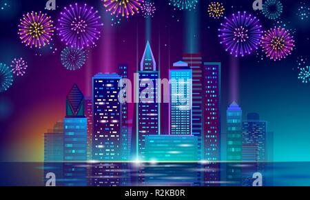 Il neon luminoso vacanza grattacielo paesaggio urbano di Natale. Anno nuovo 3D punto poligonale della linea blu scuro cielo notturno eve greeting card modello. Luce incandescente città in festa silhouette illustrazione vettoriale Illustrazione Vettoriale