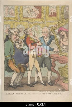 Quadro italiano concessionari Humbugging Mio Signore italienne. Artista e editore: Thomas Rowlandson (British, Londra Londra 1757-1827). Dimensioni: foglio: 13 11/16 x 9 3/4 in. (34,8 x 24,8 cm). Data: 30 maggio 1812. Un bel lord inglese in visita in Italia viene introdotto in un malfamato concessionario d'arte da un nobile obesi. Le smorfie e gesti degli italiani suggeriscono che essi intendono defraudare, o 'humbug,' il turista. Un voluttuoso Maria Maddalena, presumibilmente di Guido Reni, è appoggiato su un tavolo per ispezione e per tutte le opere in esposizione sono senza dubbio le copie. Quando la stampa è stato pubblicato nel 1812 Foto Stock