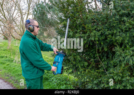 Parchi di Hackney Dept, Londra utilizzando Makita alimentato a batteria tagliasiepi Foto Stock