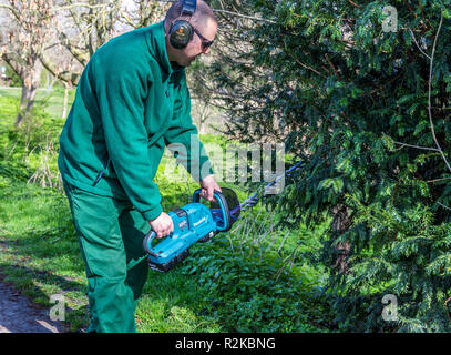 Parchi di Hackney Dept, Londra utilizzando Makita alimentato a batteria tagliasiepi Foto Stock