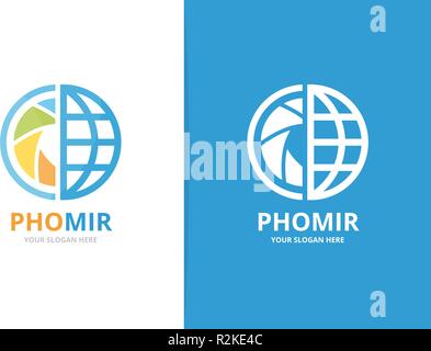 Vettore otturatore della fotocamera e il pianeta la combinazione di logo. Lente e il mondo di simbolo o icona. Foto unica e logotipo globo Design modello. Illustrazione Vettoriale