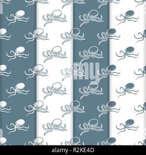 Set di 4 vector seamless pattern con polipi. Abitanti del mare. Animali sotto l'acqua. Design per imballaggio, tessuto, sfondo marino, stampa. Illustrazione Vettoriale