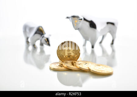 Simbolico prezzo di stock di valuta digitale, golden moneta fisica bitcoin, bull e bear Foto Stock