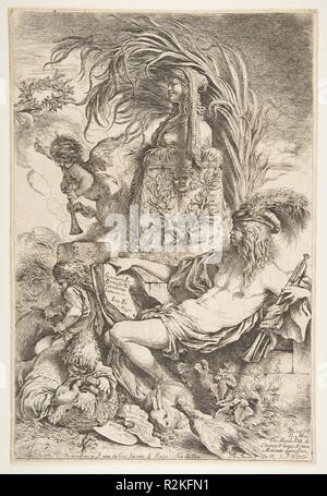 Il genio di Castiglione. Artista: Giovanni Benedetto Castiglione (Il Grechetto) (italiano, Genova 1609-1664 Mantova). Il dedicatario: Matthys van de Merwede, signore di Clootwyck (Olandese, ca. 1625-dopo il 1677). Dimensioni: foglio: 17 13/16 x 14 3/4 in. (45,2 x 37,5 cm). Editore: Giovanni Giacomo De Rossi (Italiano, Roma Roma 1627-1691). Data: ca. 1645-47 (pubblicato 1648). A Castiglione più famoso attacco, una figura distesa tiene un libro scritto: "Il genio di Giovanni Benedetto Castiglione di Genova [chi] inventato e realizzato [questo]". La stampa è stata pubblicata a Roma nel 1648 da Gian Giacomo de' Rossi, Foto Stock