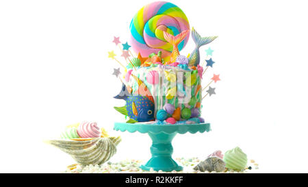 Mermaid tema torta candyland con colorati glitter code, i serbatoi e le creature marine topper per bambini, teen, novità compleanno e party celebrat Foto Stock