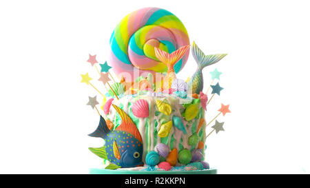 Mermaid tema torta candyland con colorati glitter code, i serbatoi e le creature marine topper per bambini, teen, novità compleanno e party celebrat Foto Stock