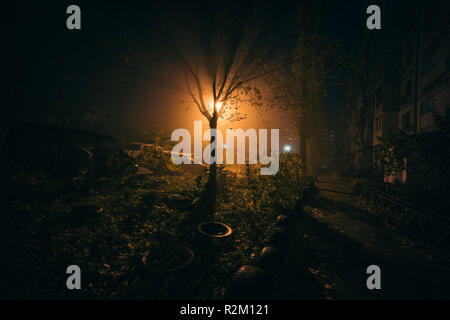 Nebbia notte cortile con la luce brillante sullo sfondo. Stato d'animo scuro foto con verde e arancione Foto Stock