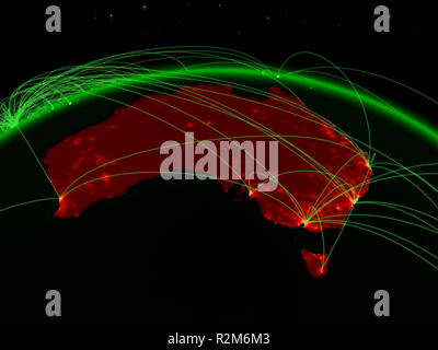 Australia sul verde del pianeta Terra con la rete internazionale che rappresenta la comunicazione, viaggi e connessioni. 3D'illustrazione. Gli elementi di questa immagine Foto Stock