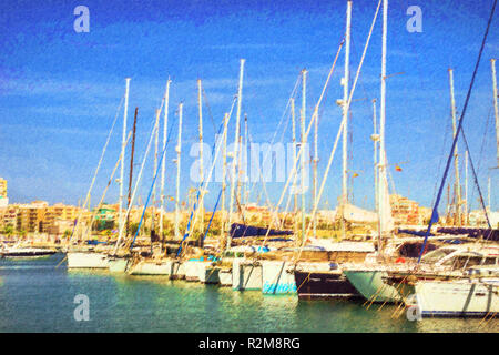 Yacht e Barche parcheggiato al molo in Port Marina di Torrevieja. Bay con pontili nel centro della località di villeggiatura. Torrevieja, Spagna. Puerto deportivo Marina Salinas, Valencia, Spagna. Foto Illustrazione stilizzata Foto Stock
