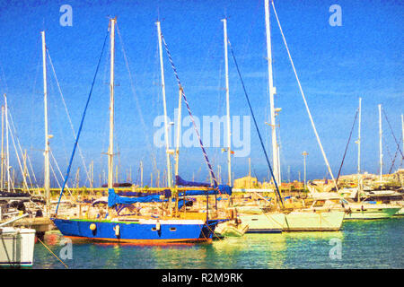 Yacht e Barche parcheggiato al molo in Port Marina di Torrevieja. Bay con pontili nel centro della località di villeggiatura. Torrevieja, Spagna. Puerto deportivo Marina Salinas, Valencia, Spagna. Foto Illustrazione stilizzata Foto Stock