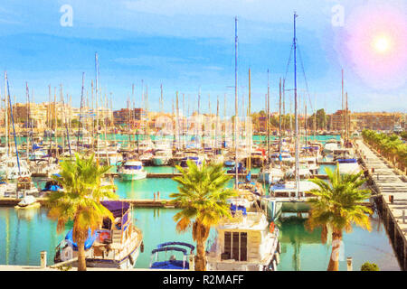 Yacht e Barche parcheggiato al molo in Port Marina di Torrevieja. Bay con pontili nel centro della località di villeggiatura. Torrevieja, Spagna. Puerto deportivo Marina Salinas, Valencia, Spagna. Foto Illustrazione stilizzata Foto Stock