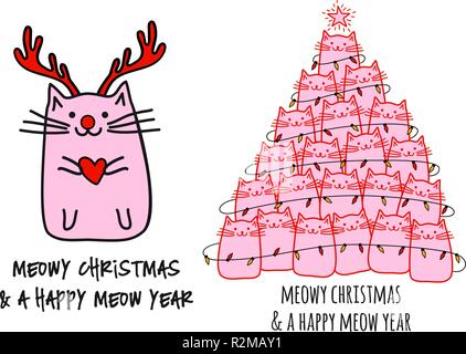 Natale cat tree, dal naso rosso Rudolph gatto per scheda di Natale, vettore di elementi di design Illustrazione Vettoriale