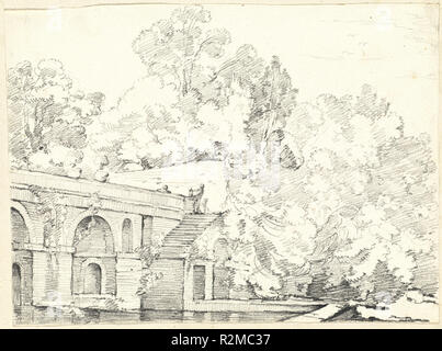 La peschiera a Villa Madama. Data: 1746/1749. Dimensioni: foglio: 16,2 x 22 cm (6 3/8 x 8 11/16 in.) dimensione pagina: 42,5 x 27,7 cm (16 3/4 x 10 7/8 in.). Medium: gesso nero su carta vergata. Museo: National Gallery of Art di Washington DC. Autore: Joseph-Marie Vien. Foto Stock