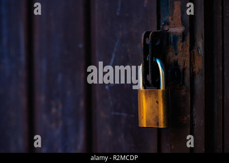 Porta bloccata con un lucchetto, sicurezza e proprietà privata di protezione Foto Stock