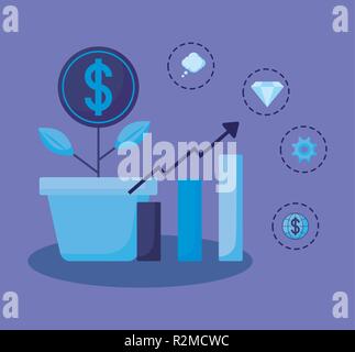 Impianto di monete con le icone di set di economia, finanza, illustrazione vettoriale design Illustrazione Vettoriale