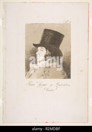 La piastra 1 da 'Los Caprichos': Self-portrait di Goya ( Franco. Goya e Lucientes, Pintor). Artista: Goya (Francisco de Goya y Lucientes) (Spagnolo, 1746-1828 Fuendetodos Bordeaux). Dimensioni: Piastra: 8 9/16 in. × 6 a. (21,8 × 15,2 cm) foglio: 11 5/8 x 8 5/16 in. (29,5 x 21,1 cm). Serie/Portfolio: Los Caprichos. Sitter: Goya (Francisco de Goya y Lucientes) (Spagnolo, 1746-1828 Fuendetodos Bordeaux). Data: 1799. Museo: Metropolitan Museum of Art di New York, Stati Uniti d'America. Foto Stock