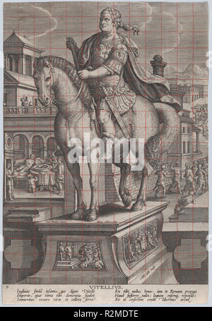 La piastra 9: la statua equestre di Vitellius, visto tre quarti a sinistra con la sua scena di morte sullo sfondo a destra, il suo corpo è gettato nel Tevere in alto a destra, da 'Imperatori Romani a cavallo". Artista: Dopo Jan van der Straet, chiamato Stradanus (Netherlandish, Bruges 1523-1605 Firenze); Adriaen Collaert (Netherlandish, Antwerp ca. 1560-1618 Anversa). Dimensioni: Foglio (rifilati): 12 11/16 × 8 9/16 in. (32,3 × 21,8 cm). Editore: Philips Galle (Netherlandish, Haarlem 1537-1612 Anversa). Serie/Portfolio: 'Imperatori Romani a cavallo". Data: ca. 1587-89. Museo: Metropolitan M Foto Stock