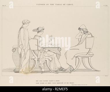 Ulisse al tavolo di Circe (l'Odissea di Omero). Artista: Dopo John Flaxman (British, York 1755-1826 Londra). Dimensioni: testo e immagine: 7 11/16 × 10 1/4 in. (19,5 × 26,1 cm). Incisore: James Parker (British, Londra Londra 1750-1805). Pubblicato in: Londra. Editore: John e Arthur Arch (Londra); Jane Matthews (Londra); William Miller (Londra); Longman, Hurst, Rees, Orme e marrone (Londra). Oggetto del libro: Omero (Greco, attivo xiii o VIII secolo a.e.v.); Eschilo (Greco, ca. 525 A.C.-ca. 455 A.C. Gela); Hesiod (Greco, active ca. 700 BCE). Data: 1805. Flaxman, migliori British Foto Stock