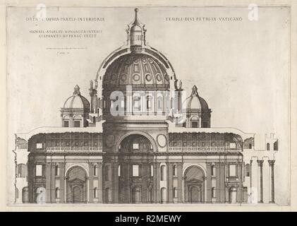 Speculum Romanae Magnificentiae": sezione longitudinale che mostra la parte interna della Basilica di San Pietro come concepito da Michelangelo (pubblicata nel 1569). Artista: Etienne DuPérac (francese, ca. 1535-1604). Dimensioni: foglio: 13 1/4 x 18 3/4 in. (33,7 x 47,6 cm). Data: 1551, 1558-61. Questa stampa proviene dal museo della copia del Speculum Romanae Magnificentiae" (Lo specchio della magnificenza romana) lo specolo trova la sua origine nella pubblicazione si sforza di Antonio Salamanca e Antonio Lafreri. Durante la loro pubblicazione romana carriera, i due editori stranieri - che hanno lavorato insieme tra il 1553 e 15 Foto Stock